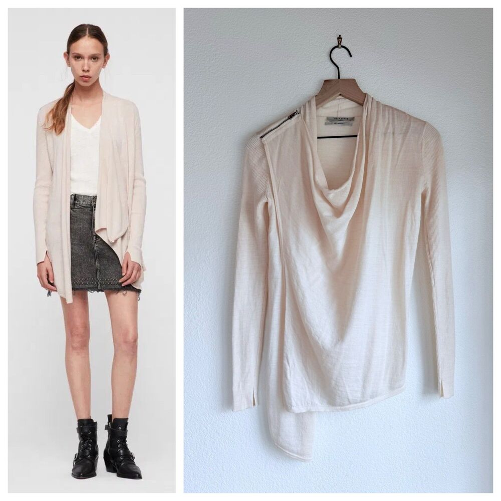 NEW AllSaints Drina Ribbed Merino Wool Asymmetric Zipper Cardigan in Almond Pink